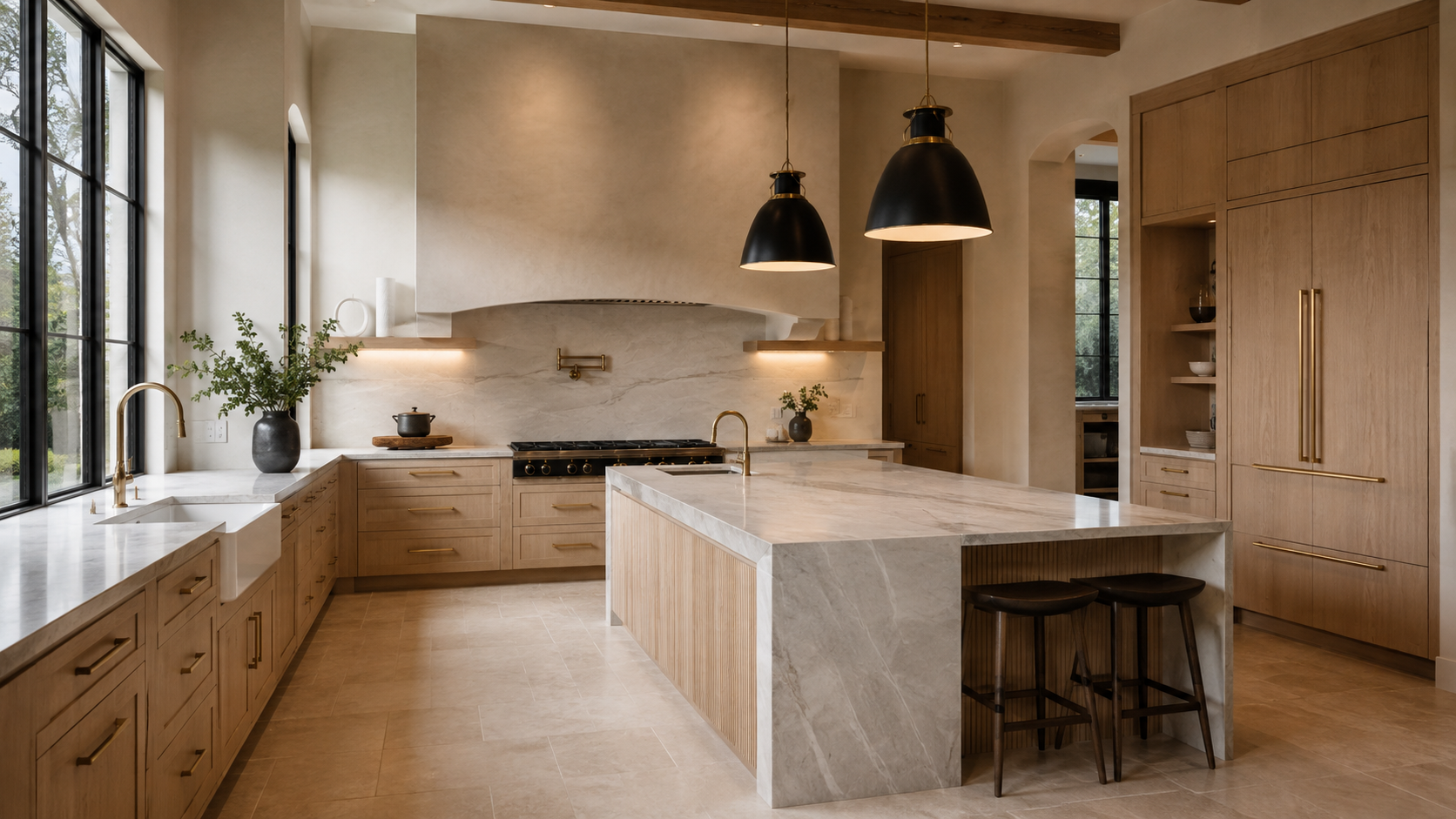 Custom white oak kitchen with flush inset cabinetry and integrated appliances