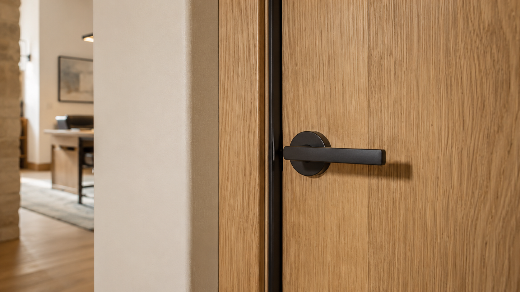 Solid-core white oak office door with a gasketed jamb detail