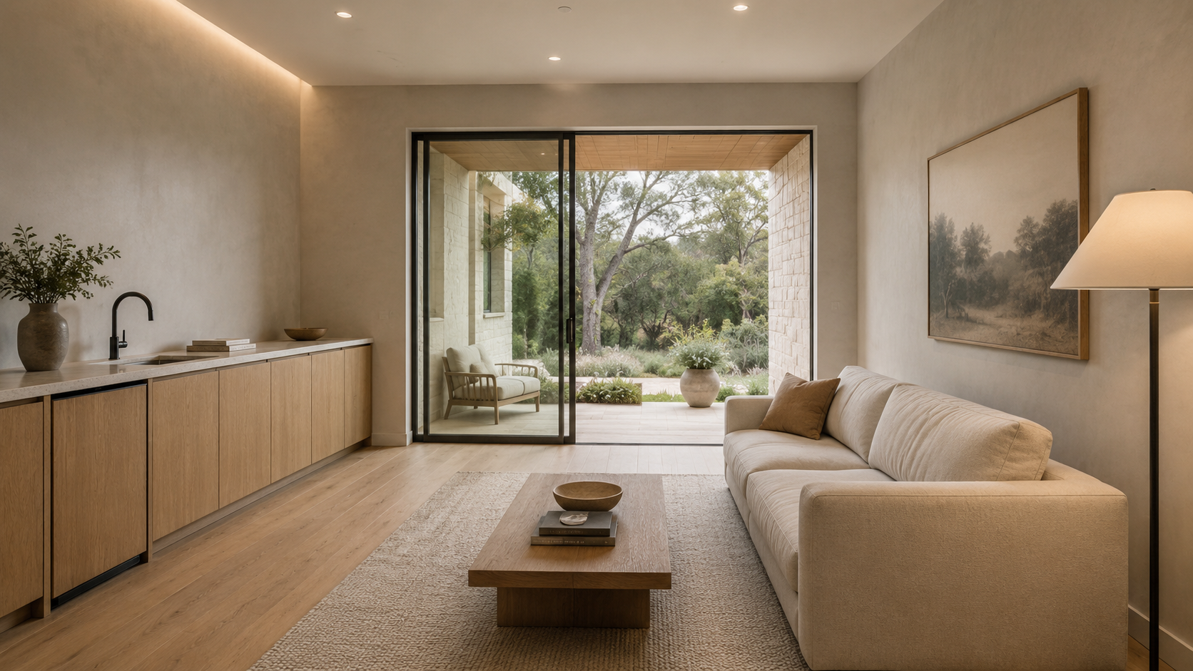 Guest wing sitting room with a kitchenette and sliding door to a private patio