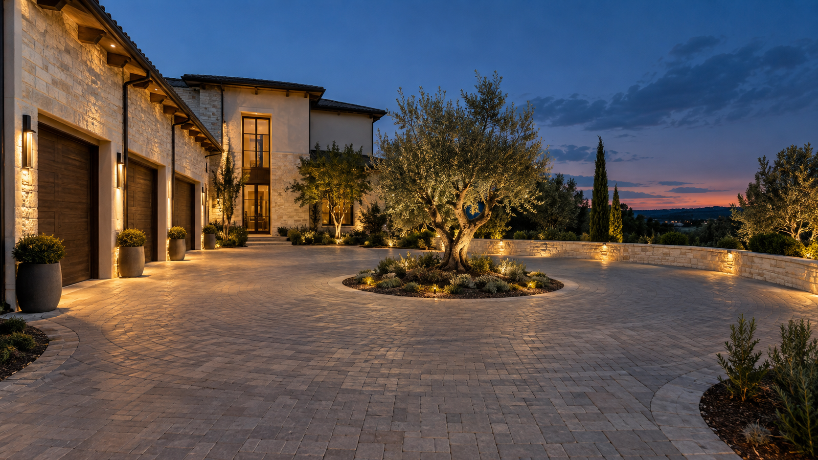 Motor court with planted central island and side-loaded garage doors at dusk