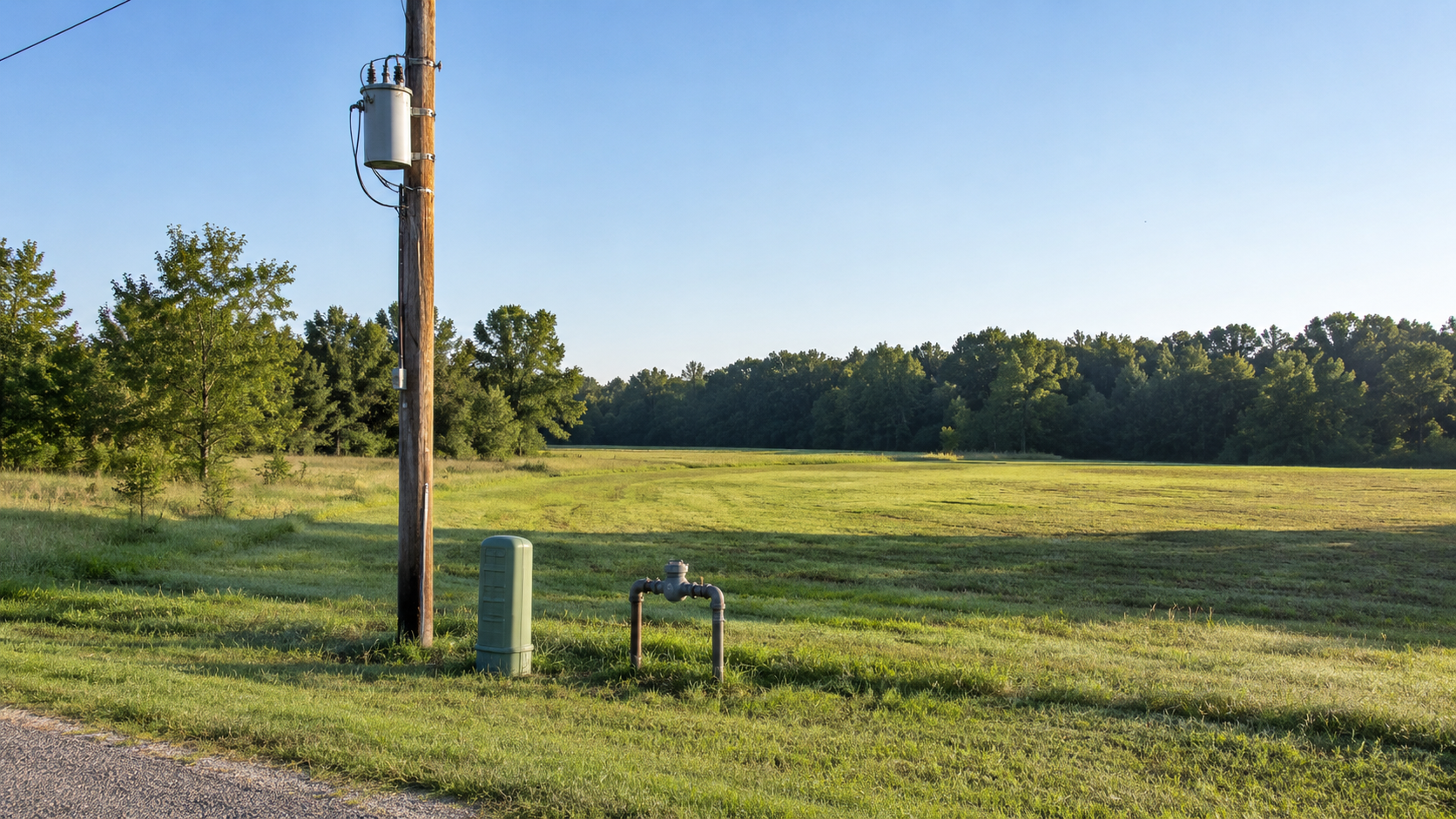 Power pole, utility pedestal and water meter at the edge of an empty acreage lot