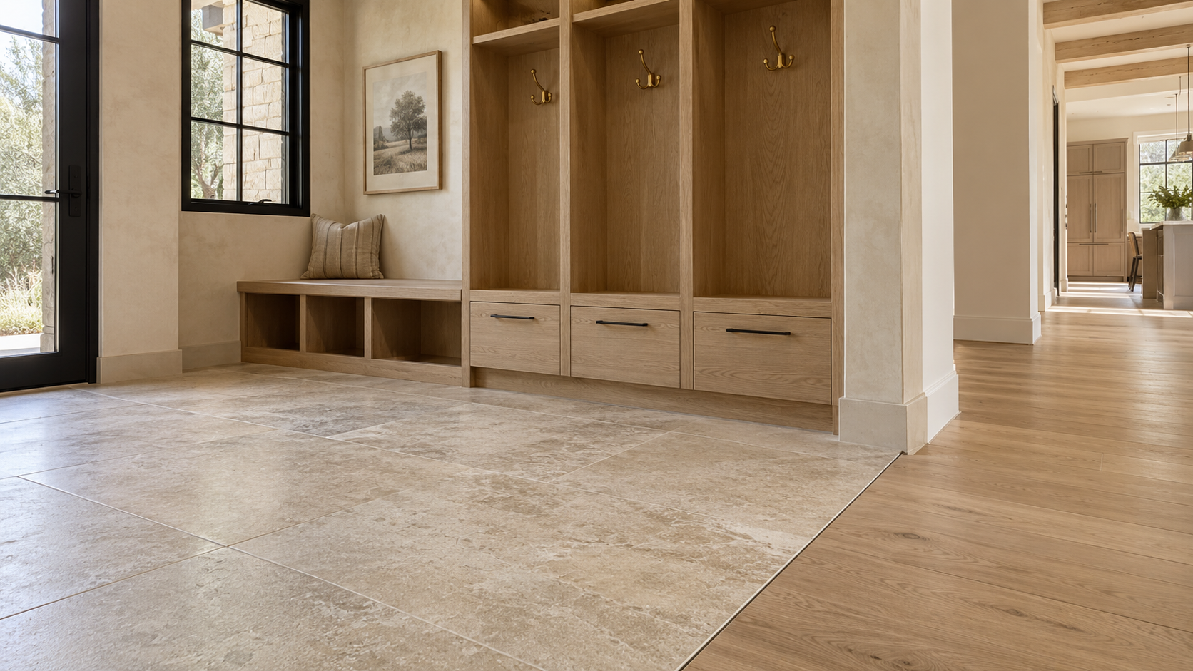 Large-format porcelain tile floor in a custom mudroom with oak built-ins