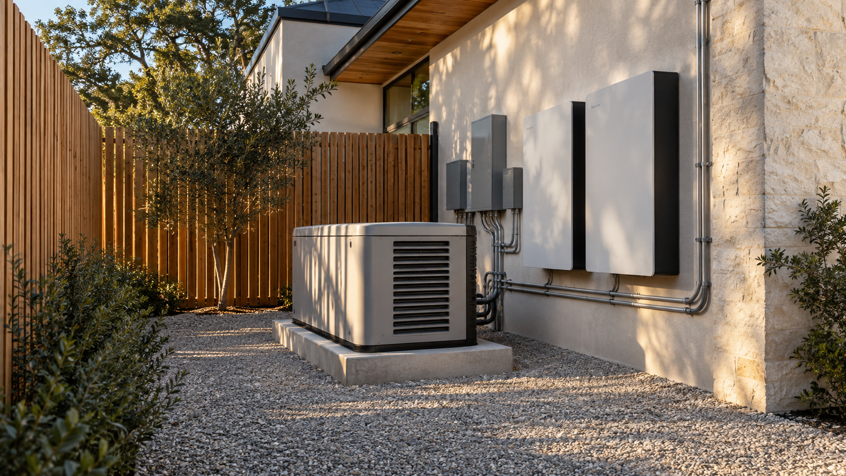 Screened mechanical yard with standby generator and wall-mounted battery storage