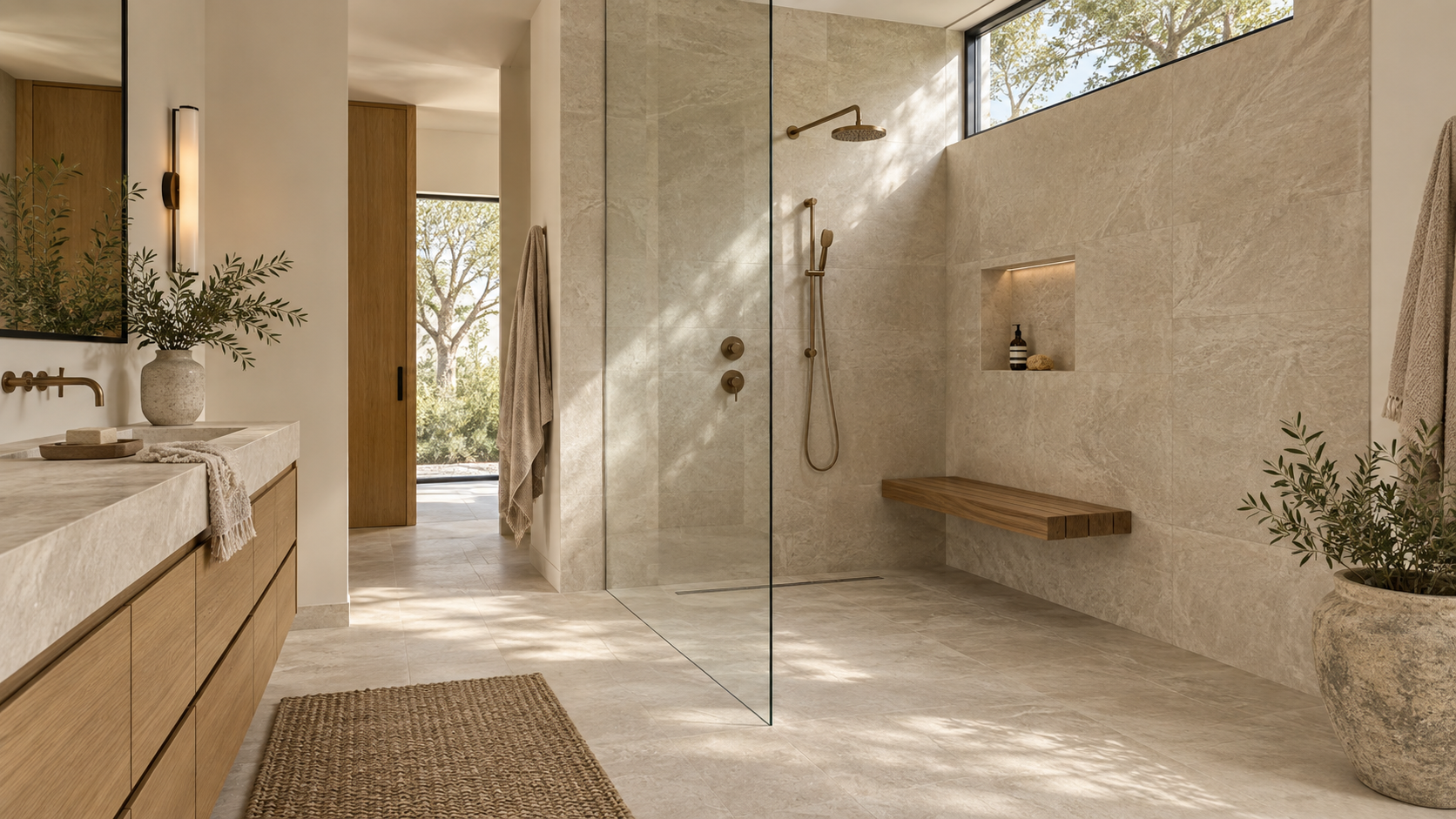 Curbless walk-in shower with linear drain and floating bench