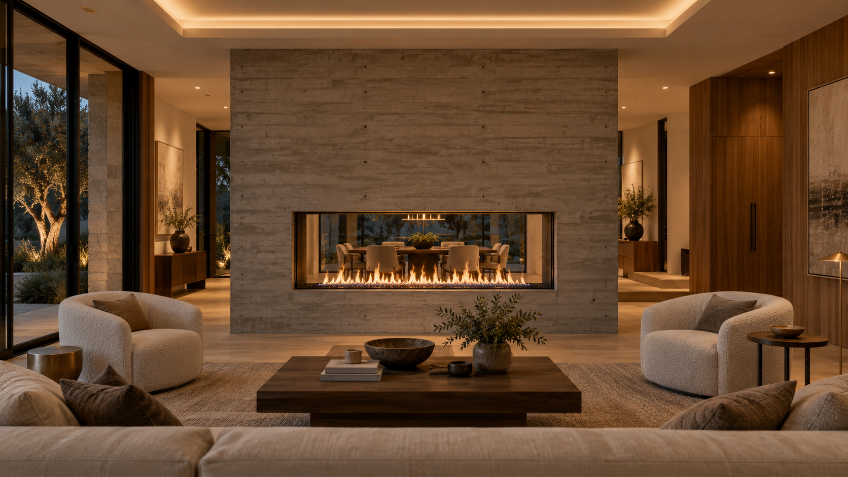 See-through fireplace in a concrete wall dividing a living room from a dining room