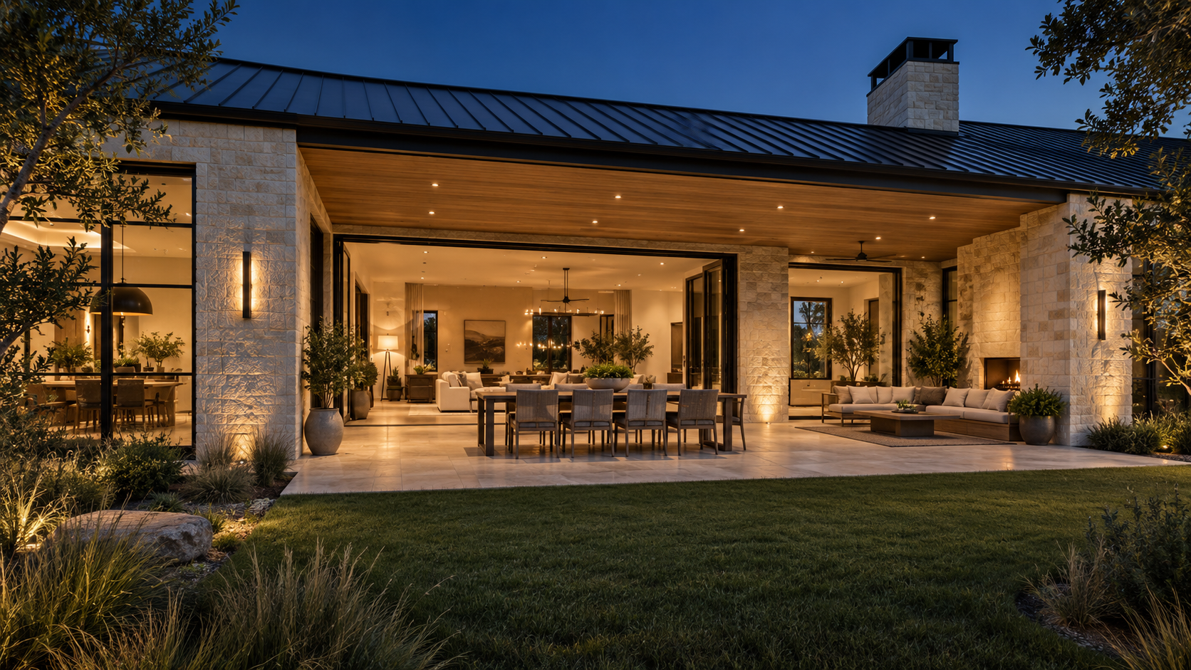 Rear of a contemporary home with a deep covered patio set under the main metal roof at dusk