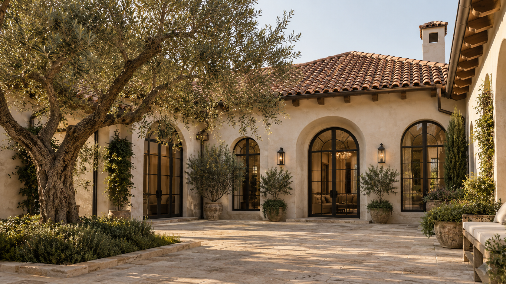 Custom home with a terracotta clay barrel tile roof around a limestone courtyard