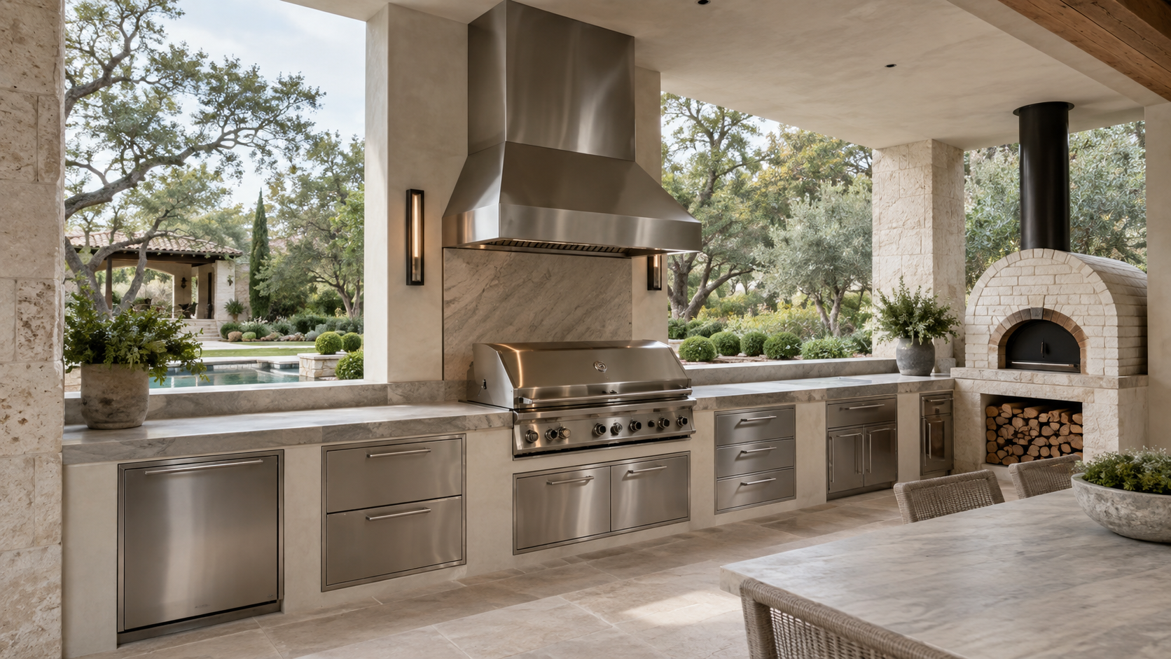 Stainless outdoor vent hood above a built-in grill in a covered outdoor kitchen