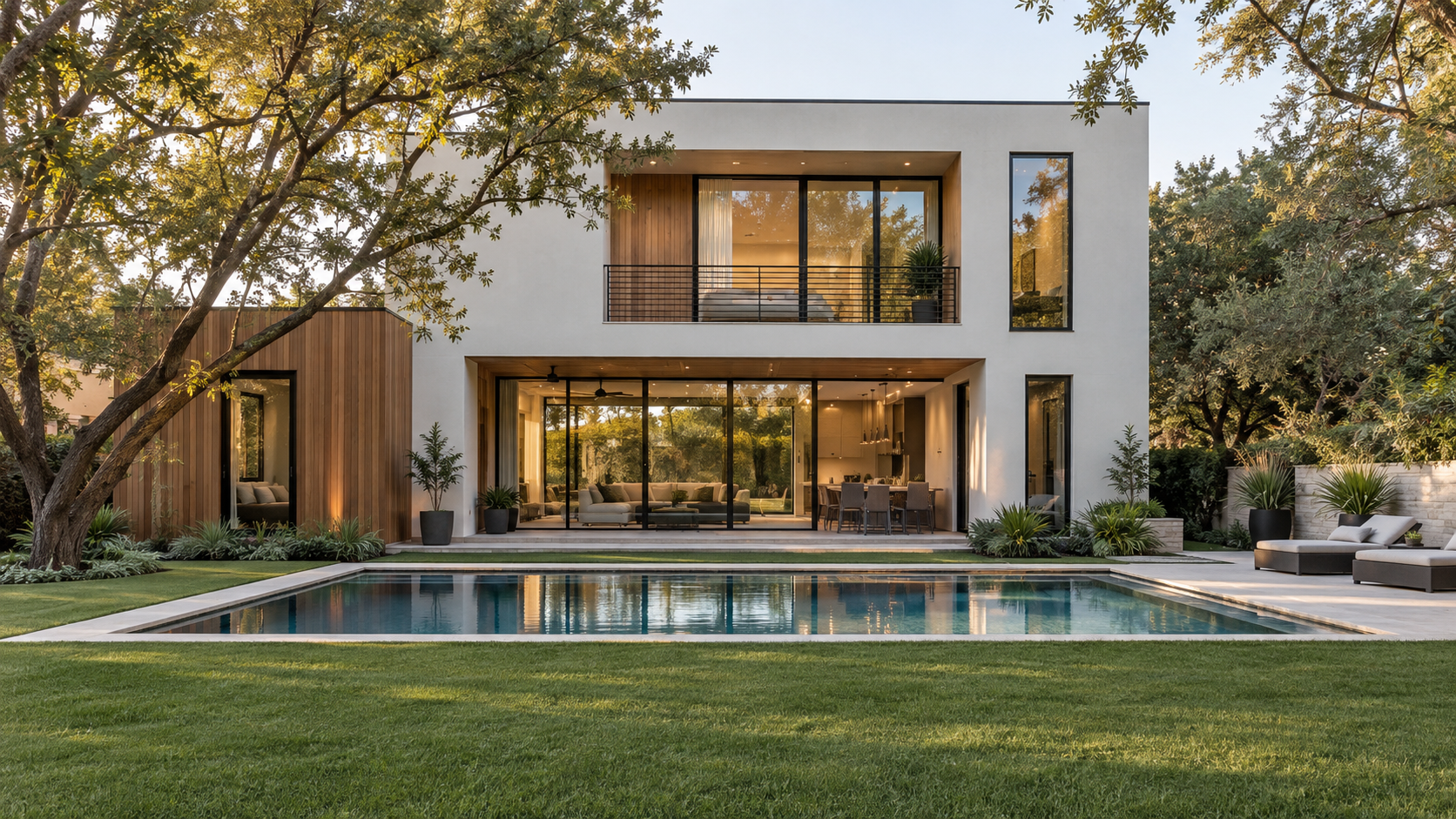 Compact two-story modern home with an upstairs balcony overlooking a lawn and pool