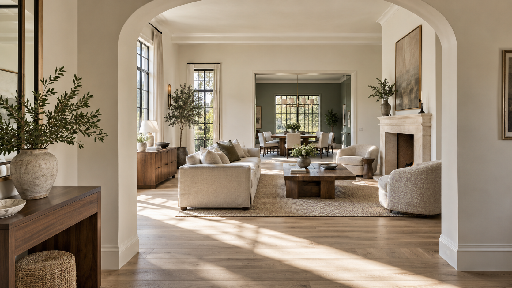 View from foyer through arched opening to living room and sage-green dining room beyond