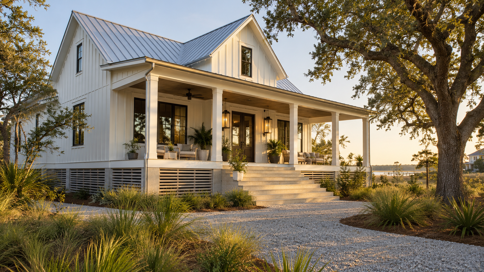 Raised pier and beam custom home with a deep porch and wide limestone steps
