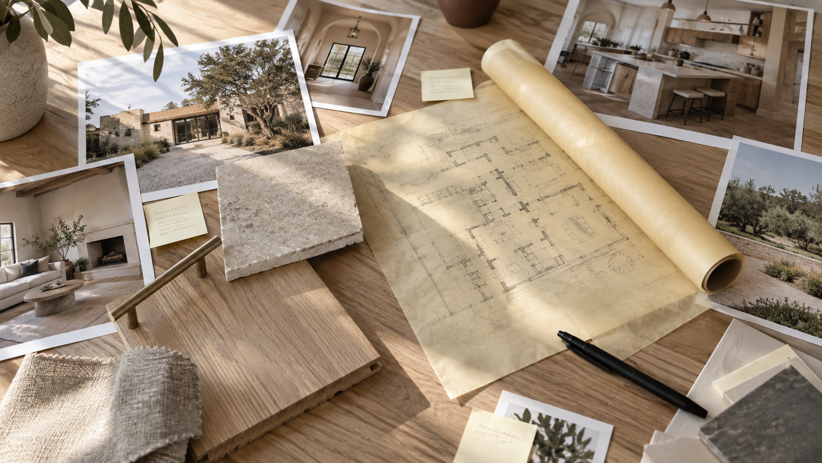 Work table with inspiration photos, trace paper sketch and material samples laid out for a design brief