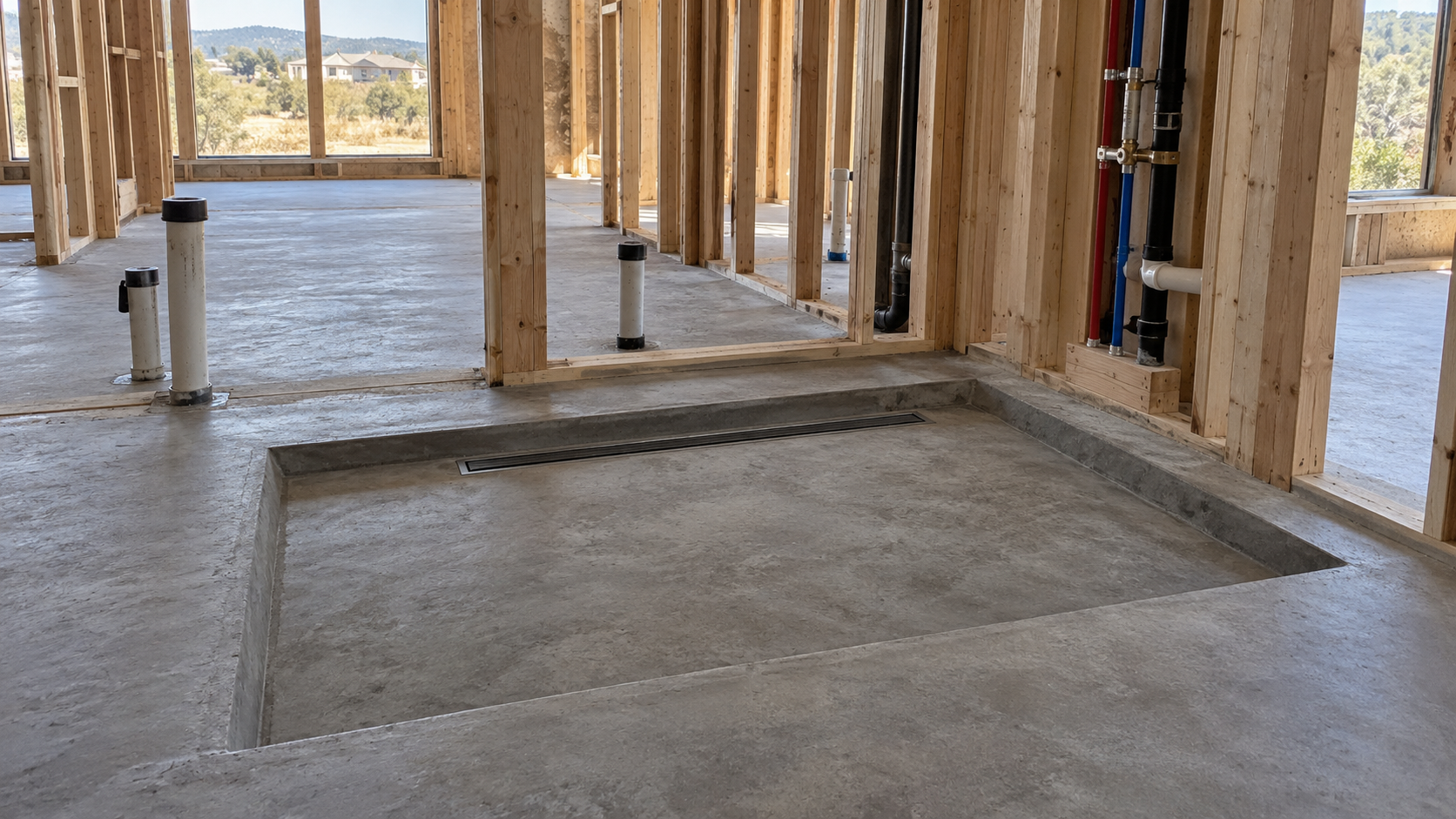 Recessed shower area formed into a concrete slab with a linear drain body in place