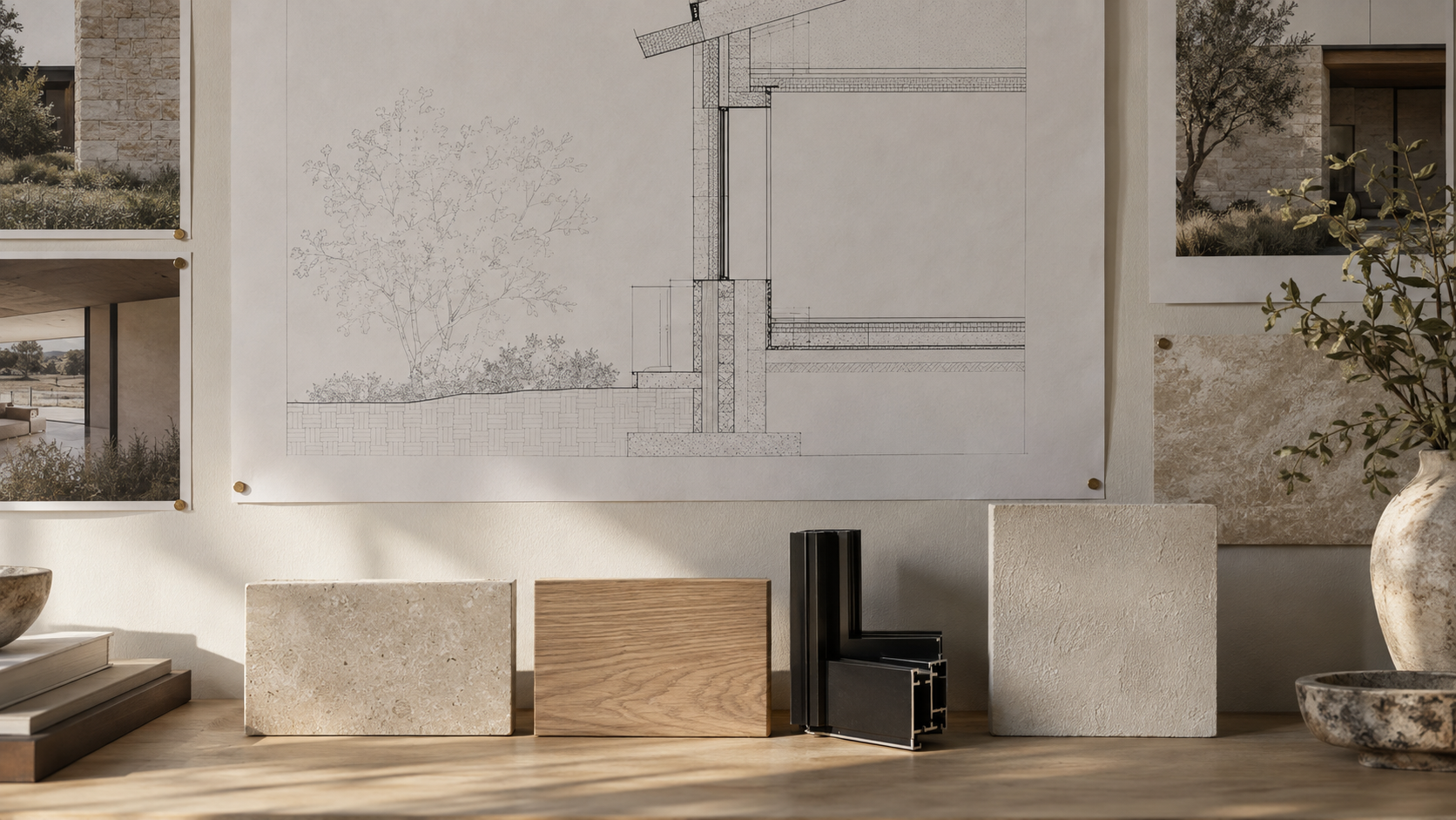 Design development wall section drawing with limestone, white oak, and metal material samples