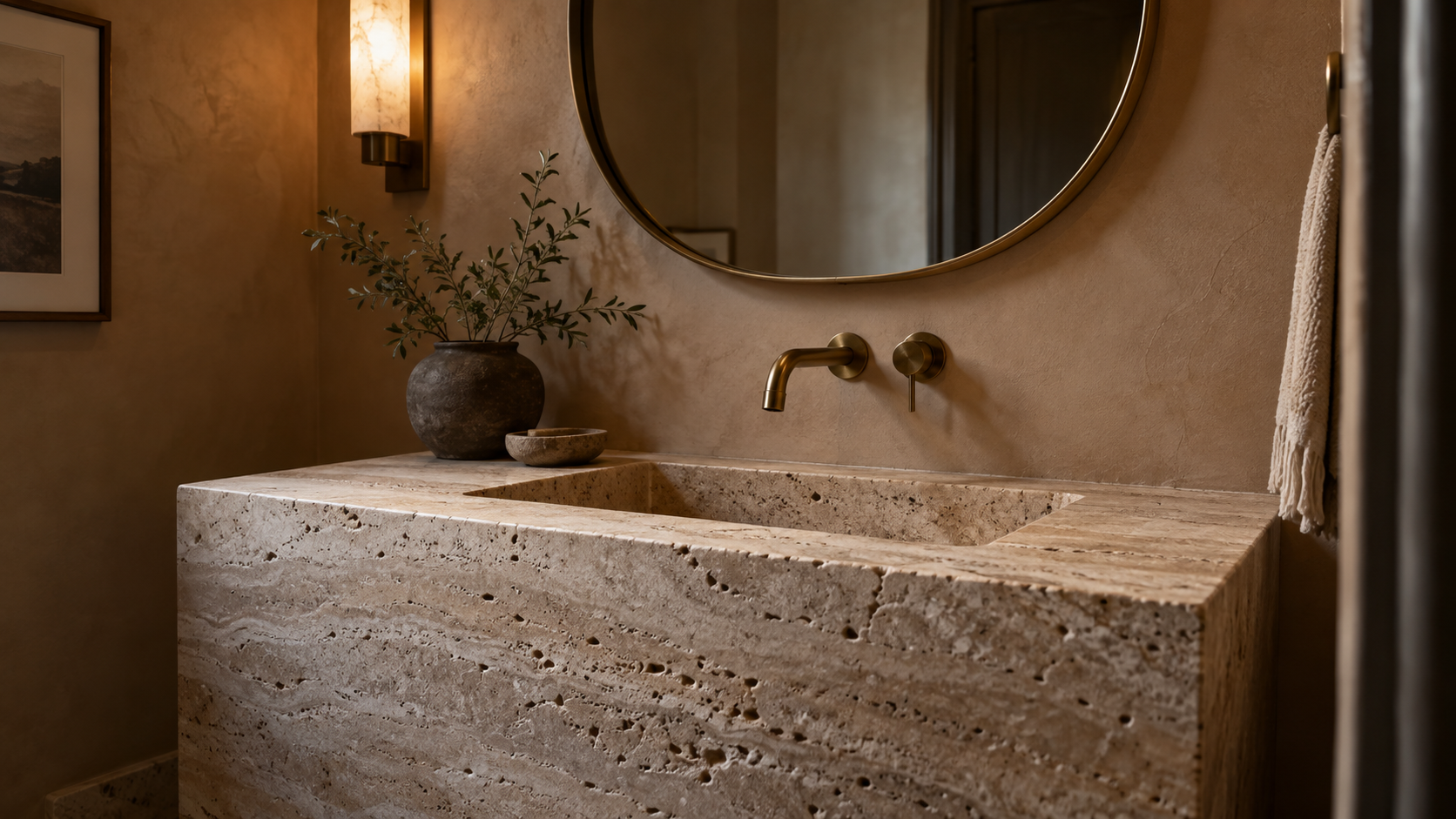 Carved travertine block sink with brass wall faucet in a clay-plastered powder room