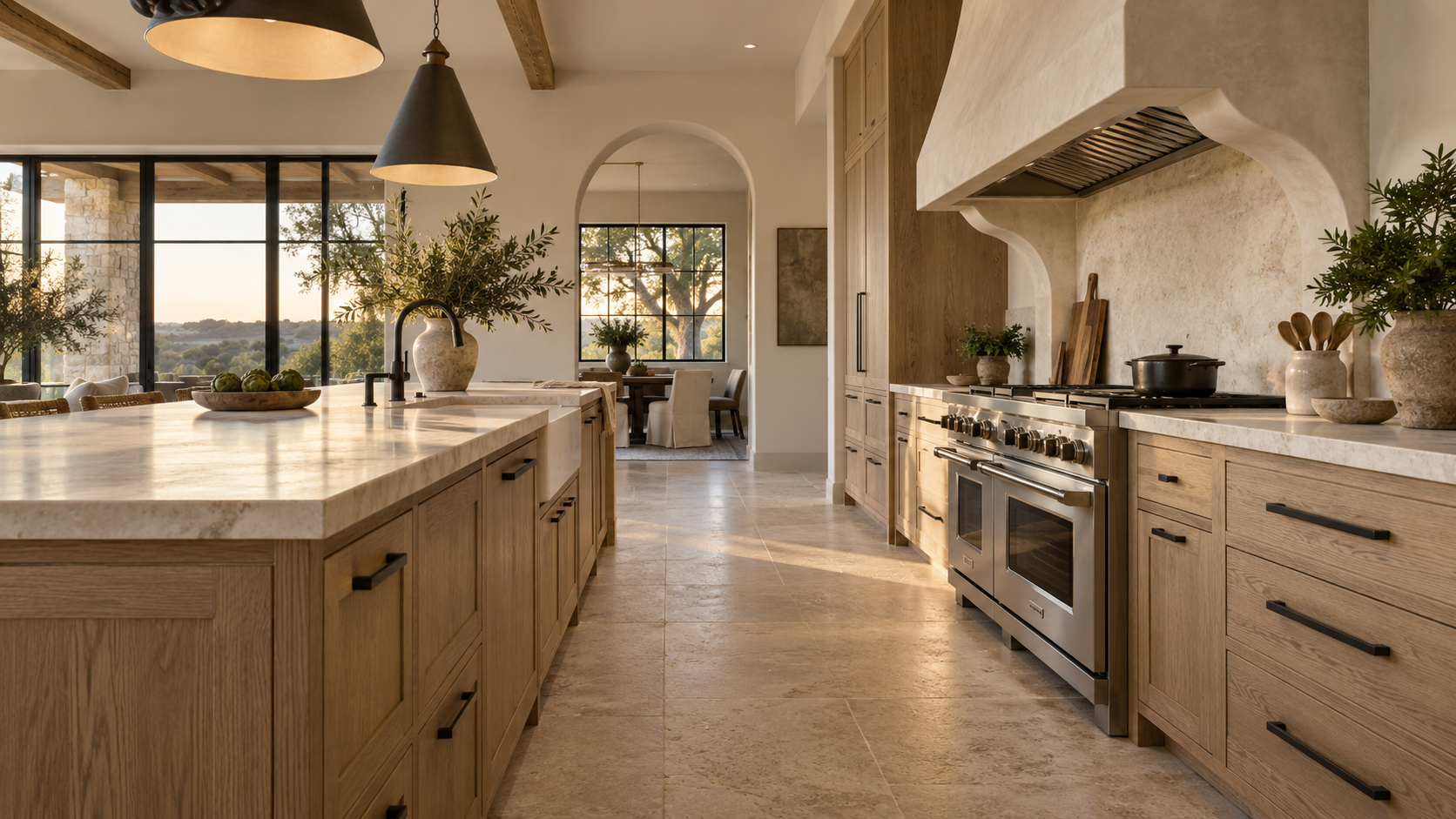 Work aisle between a kitchen island and a range wall with a plaster hood