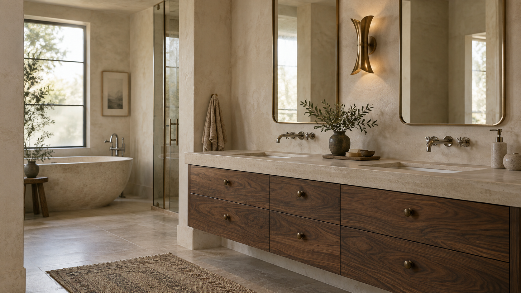 Primary bathroom pairing bronze vanity knobs with polished nickel faucets and a brass sconce