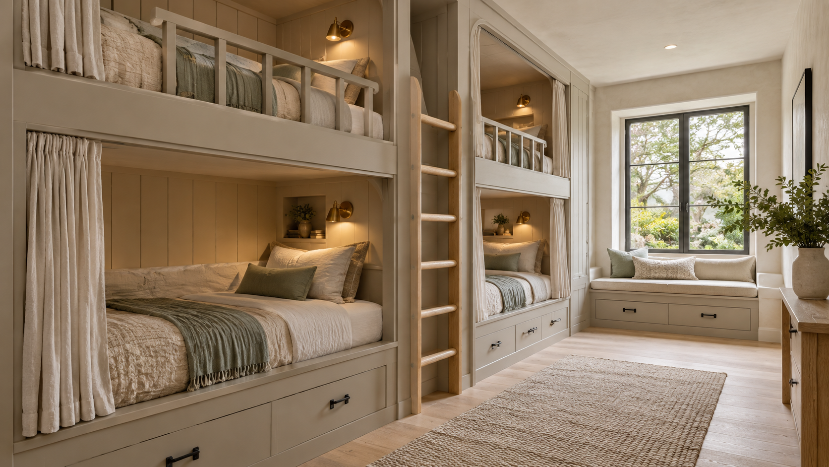 Built-in bunk room with four full-size bunks, reading lights and curtains along one wall