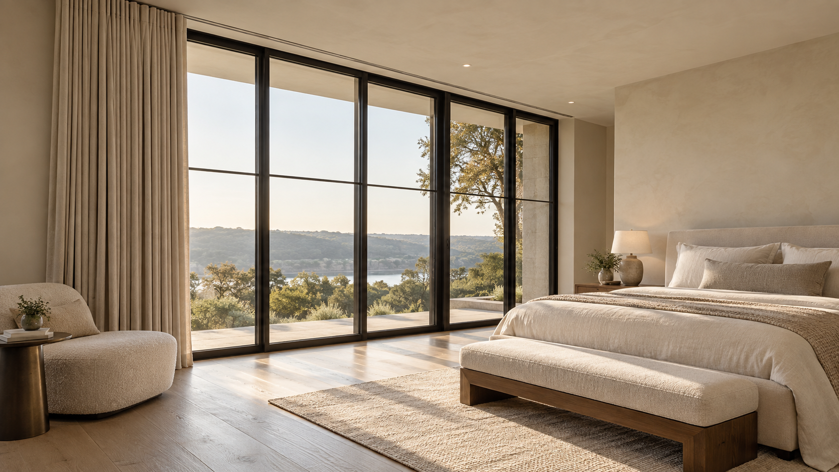 Ceiling-recessed drapery track with full-height linen panels stacked beside tall bedroom windows