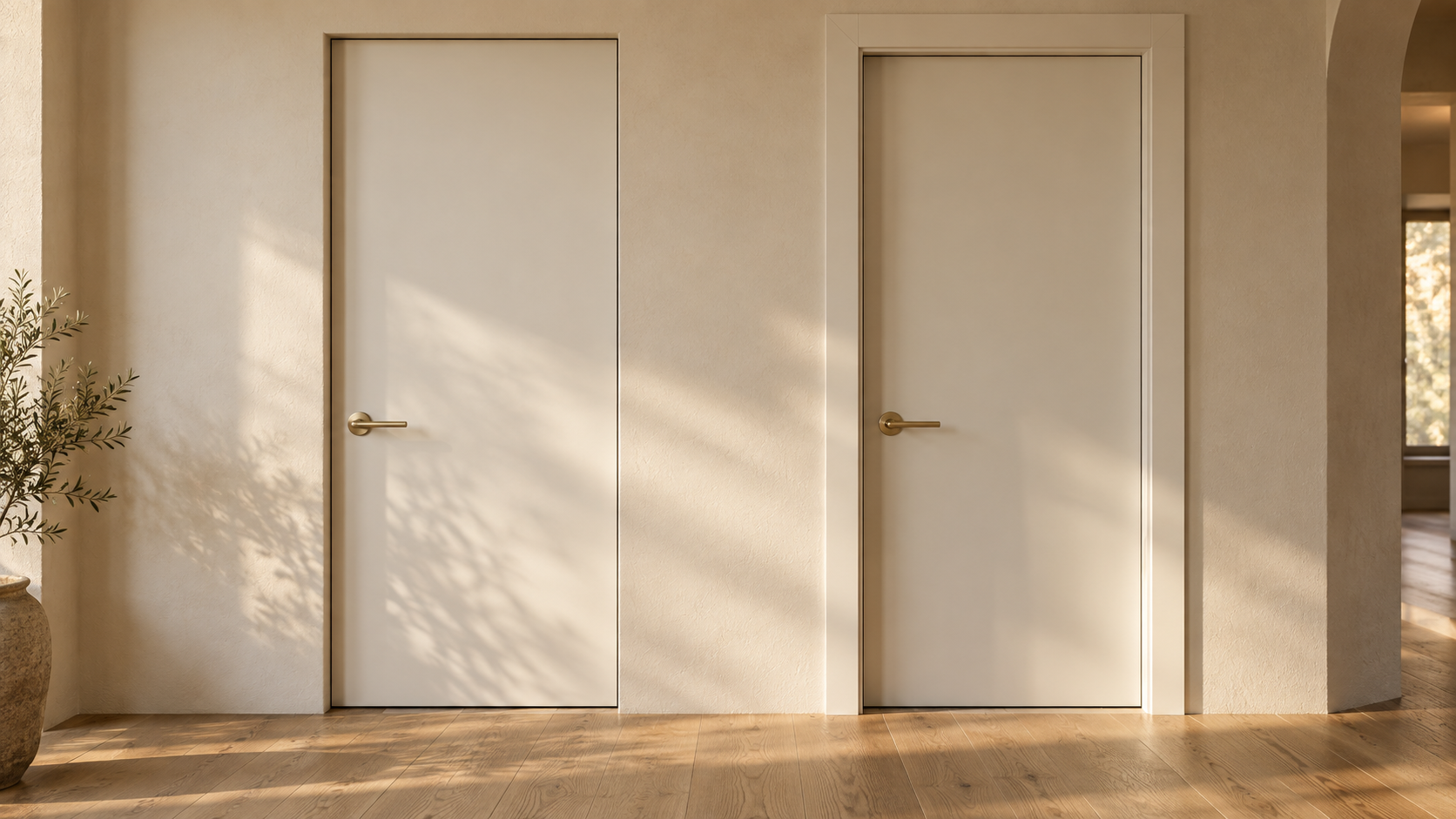 Trimless door opening beside a door with flat modern casing