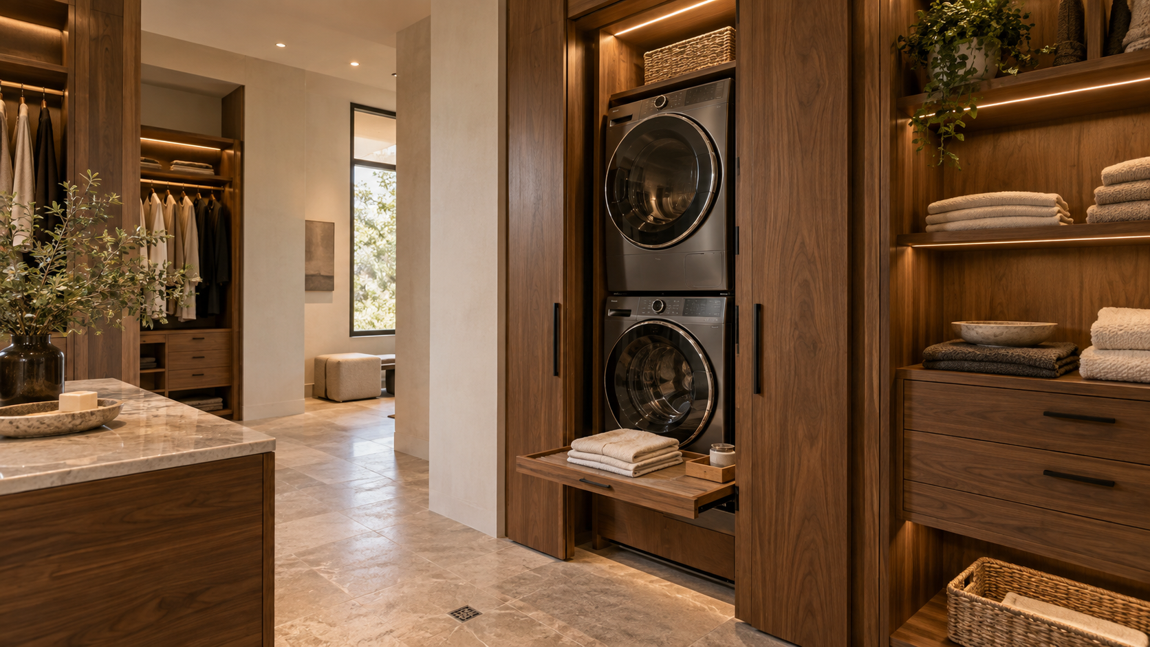 Stacked washer and dryer concealed behind walnut pocket doors inside a primary closet