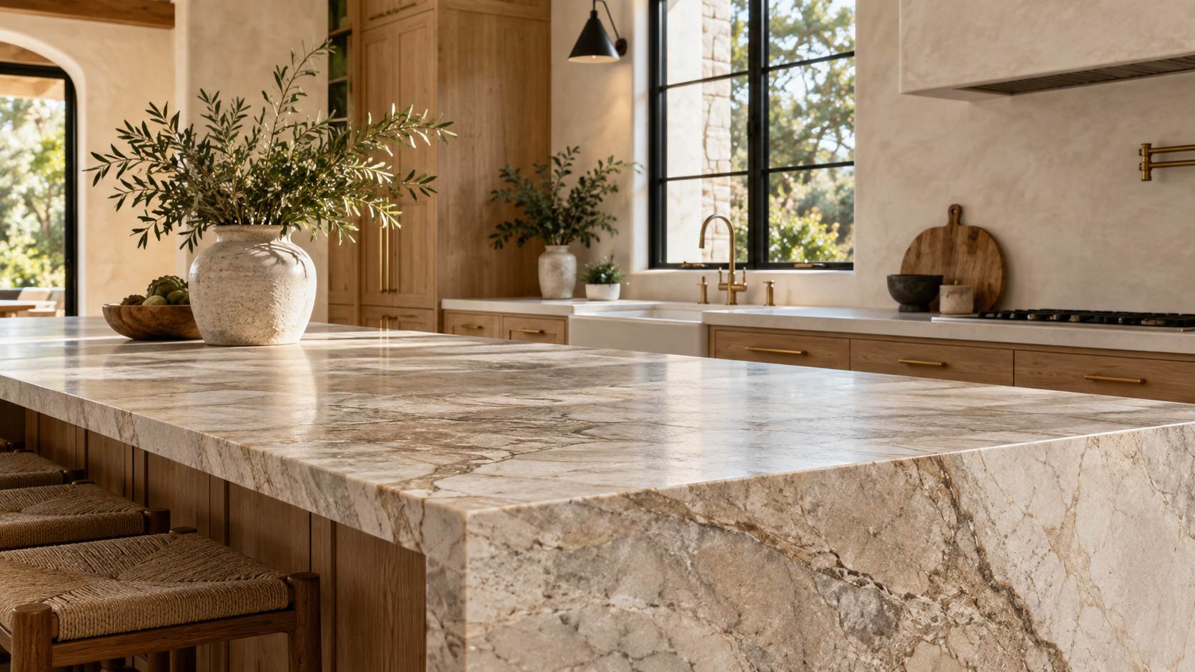 Kitchen island in veined quartzite beside simpler perimeter counters