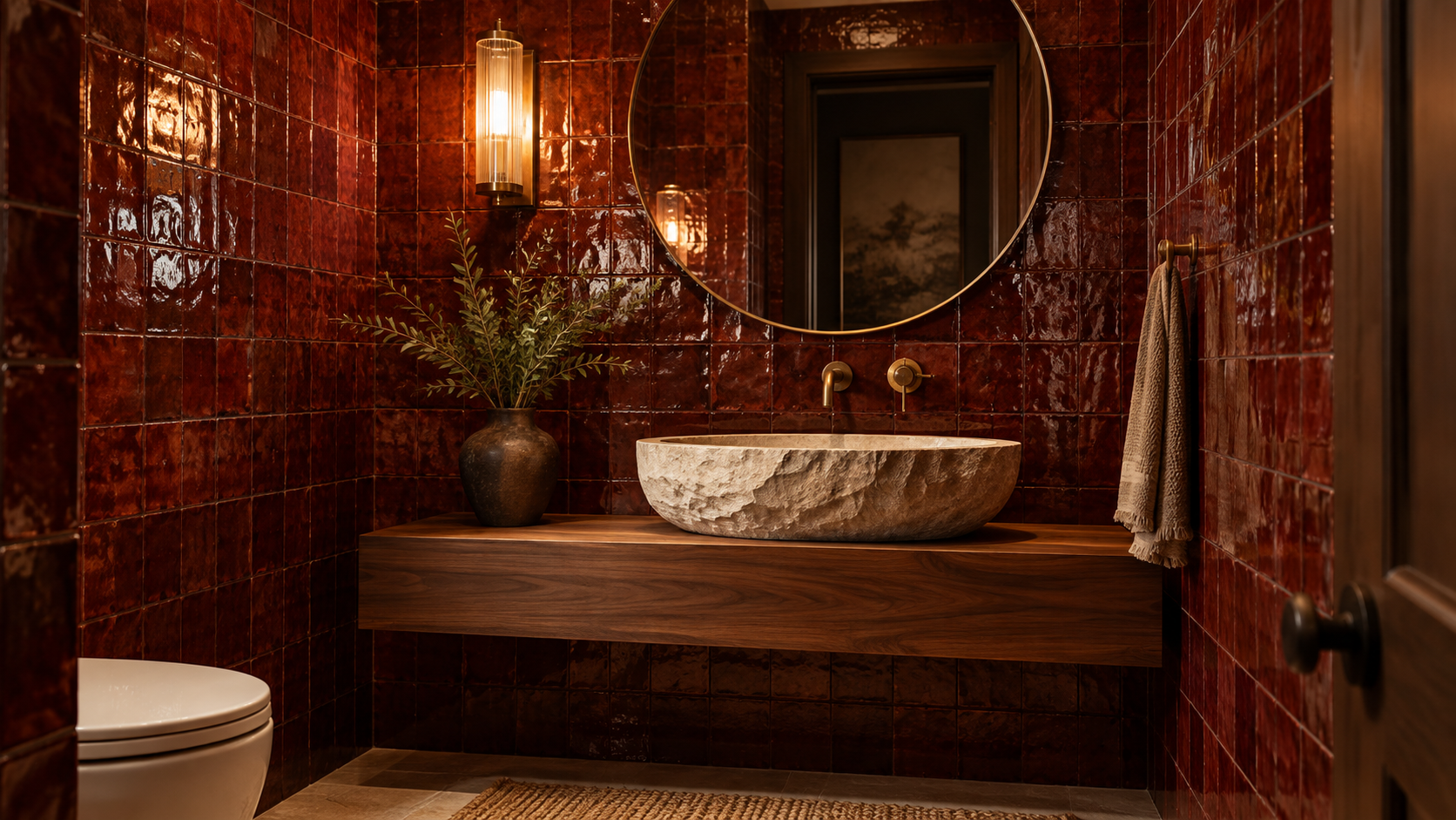 Powder room clad in deep red handmade glazed tile with a carved stone sink and brass faucet