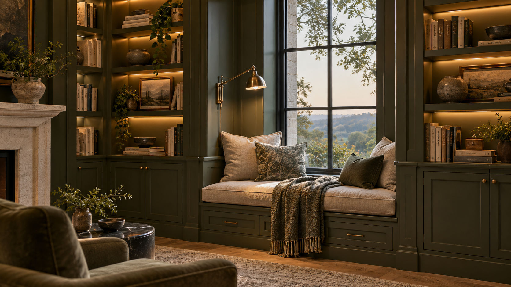 Window seat reading nook built into a wall of deep green bookshelves with integrated shelf lighting