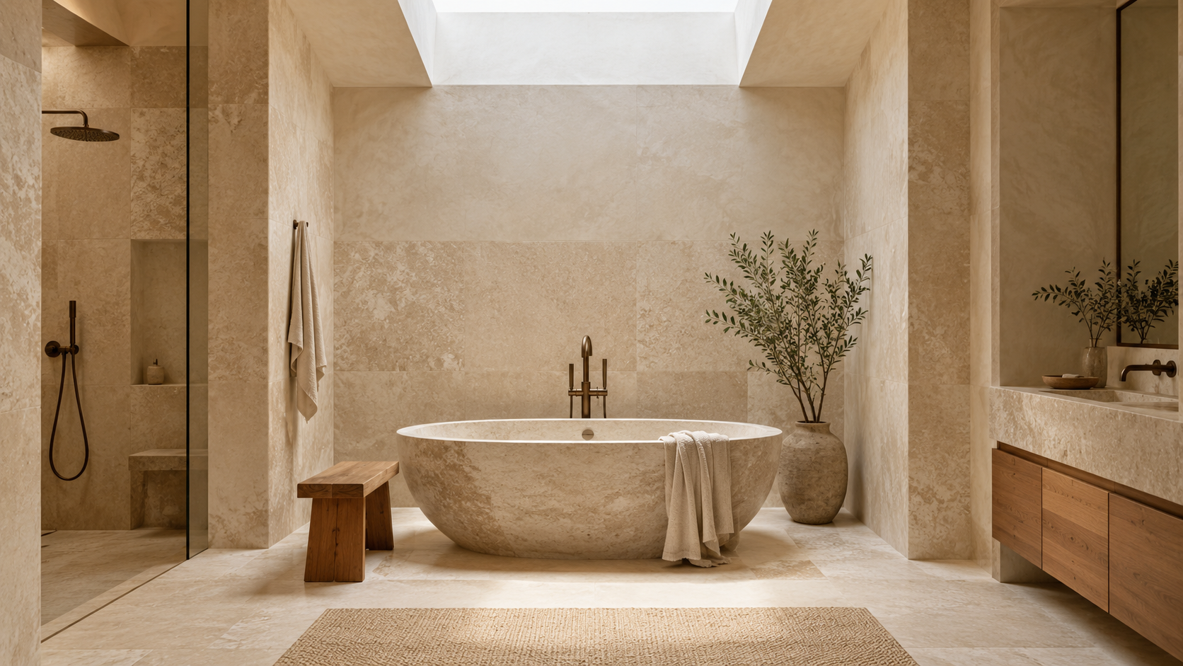 Interior primary bath lit by a skylight in a deep splayed light well