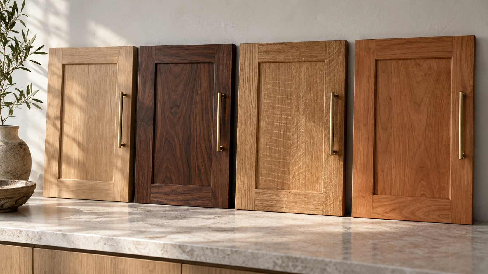 Four full-size cabinet door samples in white oak, walnut, quarter-sawn oak, and cherry