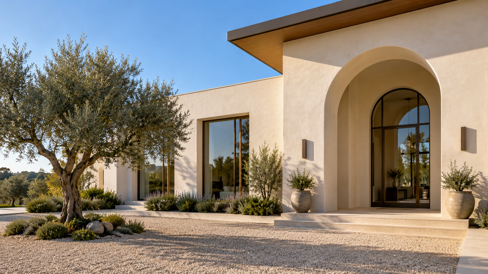 Minimalist custom home with smooth white stucco walls and an arched entry