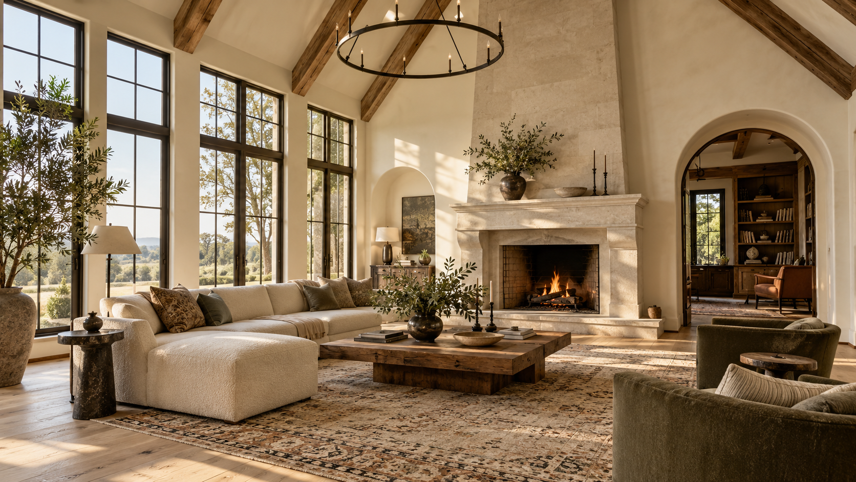 Bright modern Tudor living room with vaulted beamed ceiling, lime plaster, and limestone fireplace