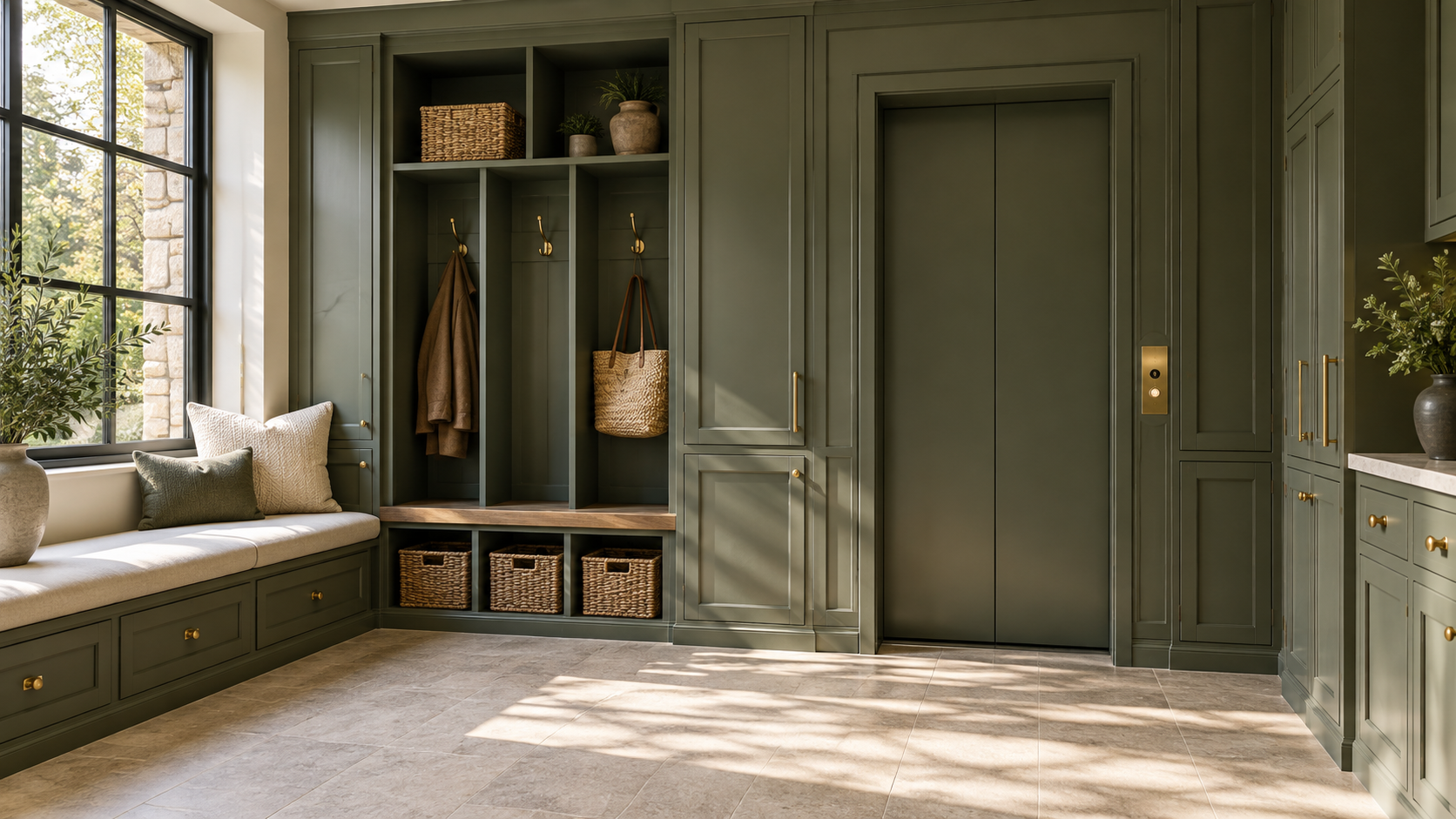 Elevator opening in a luxury mudroom beside built-in cabinets and a bench