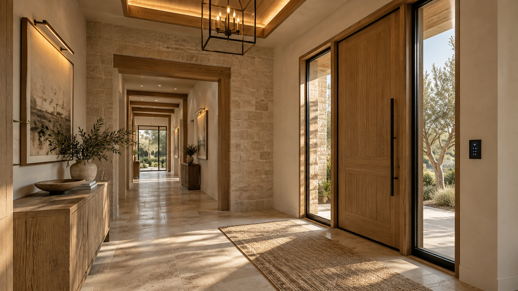 Hallway entry with a discreet lighting control keypad beside the door