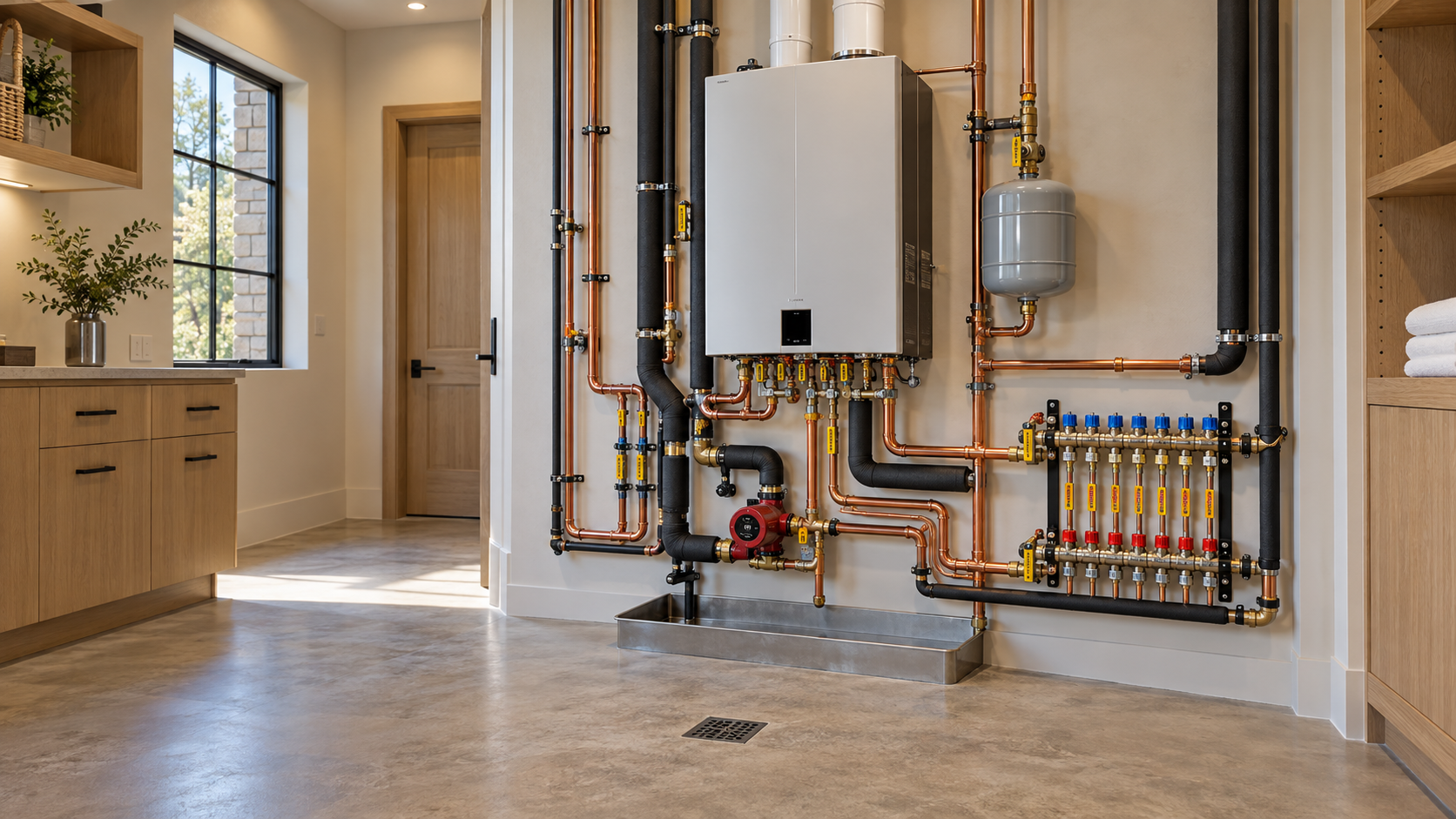 Mechanical room with tankless heater, recirculation pump and shutoffs