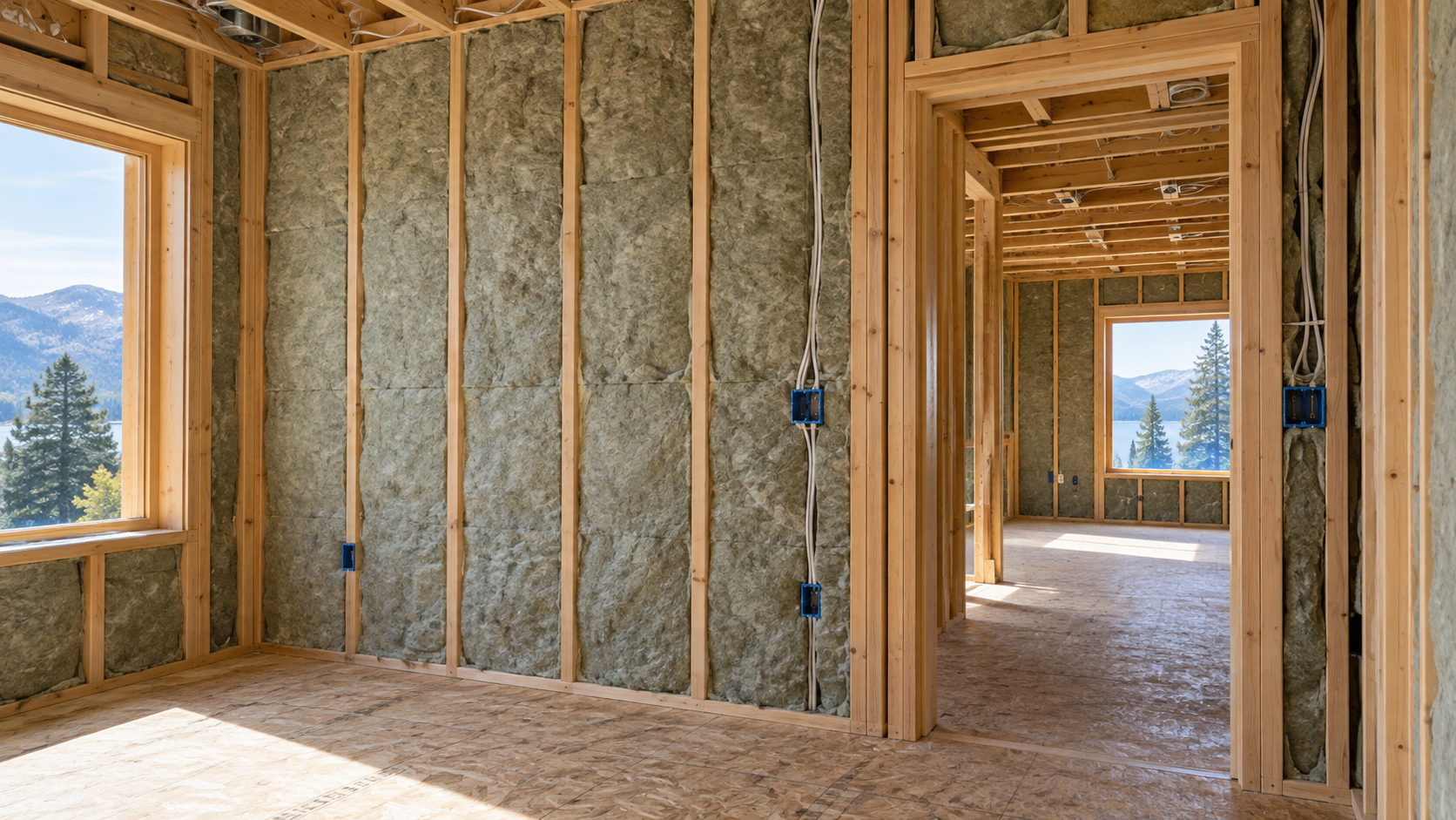 Mineral wool batts fitted between interior wall studs around a bedroom