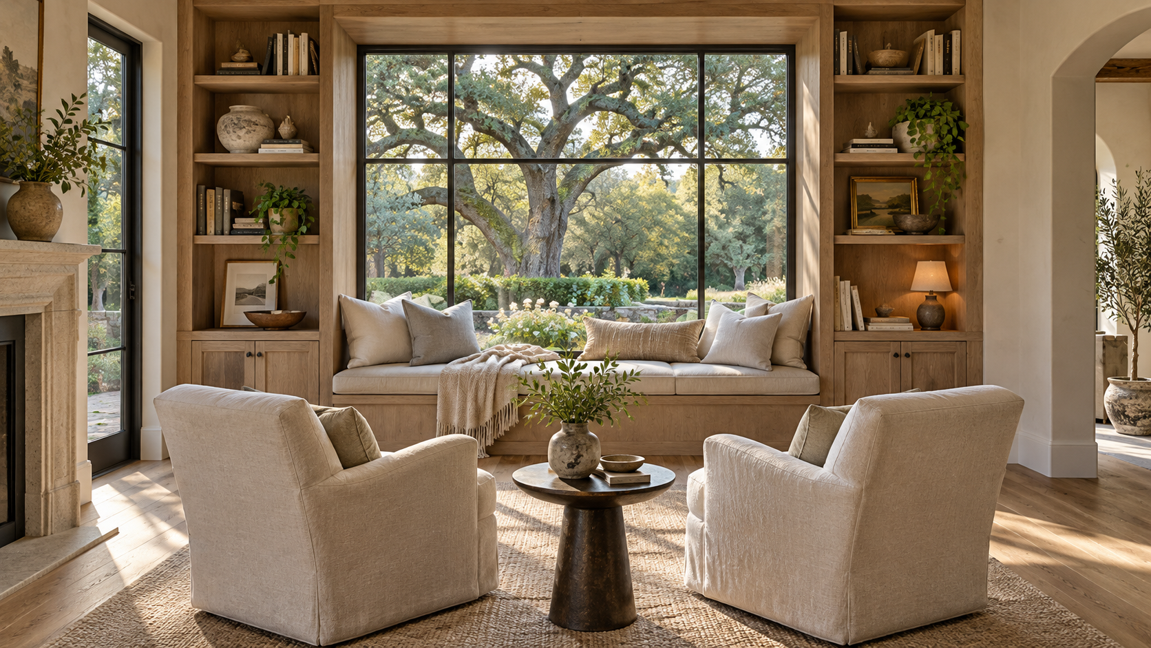 Keeping room built around a deep window seat and oak bookshelves