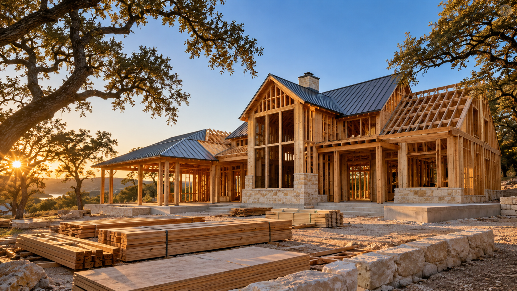 Custom home framing in progress on a wooded Texas lot at golden hour