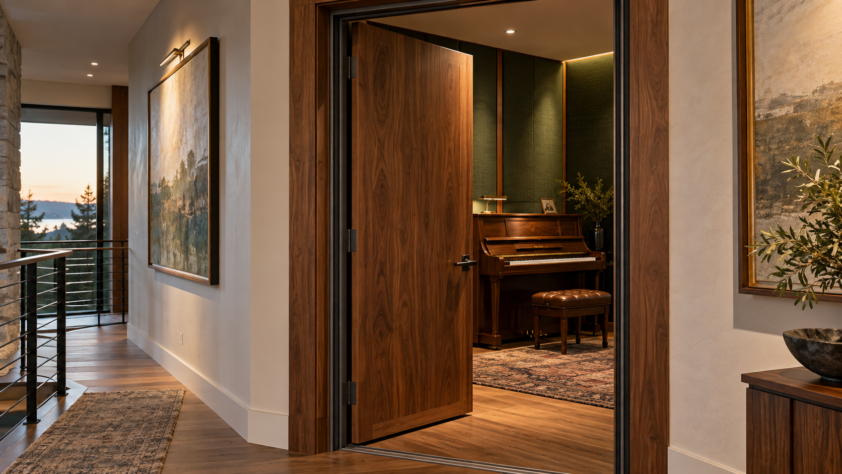 Solid walnut door with acoustic seals opening into a music room