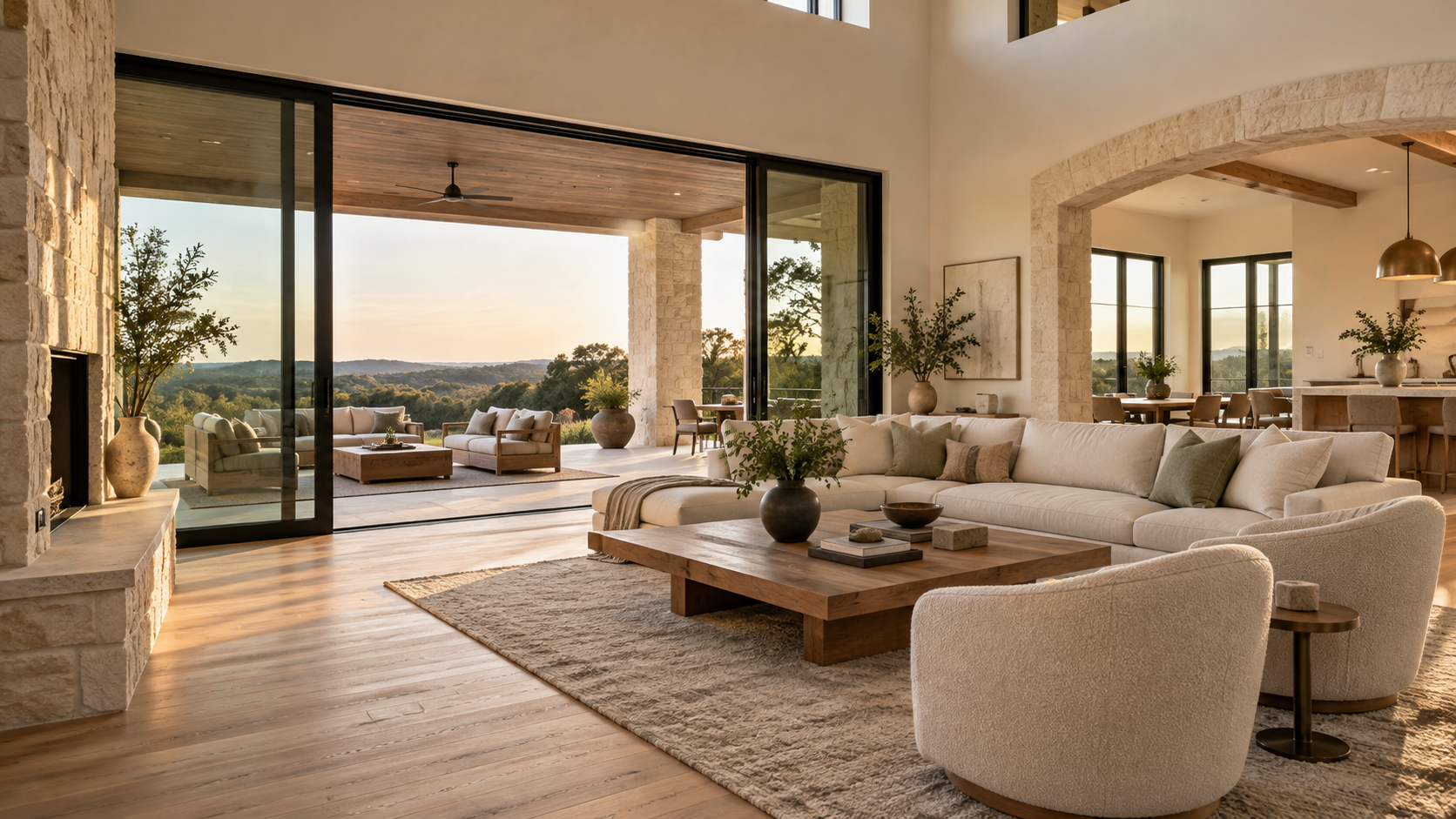 Wire-brushed oak floors in a bright custom home living room