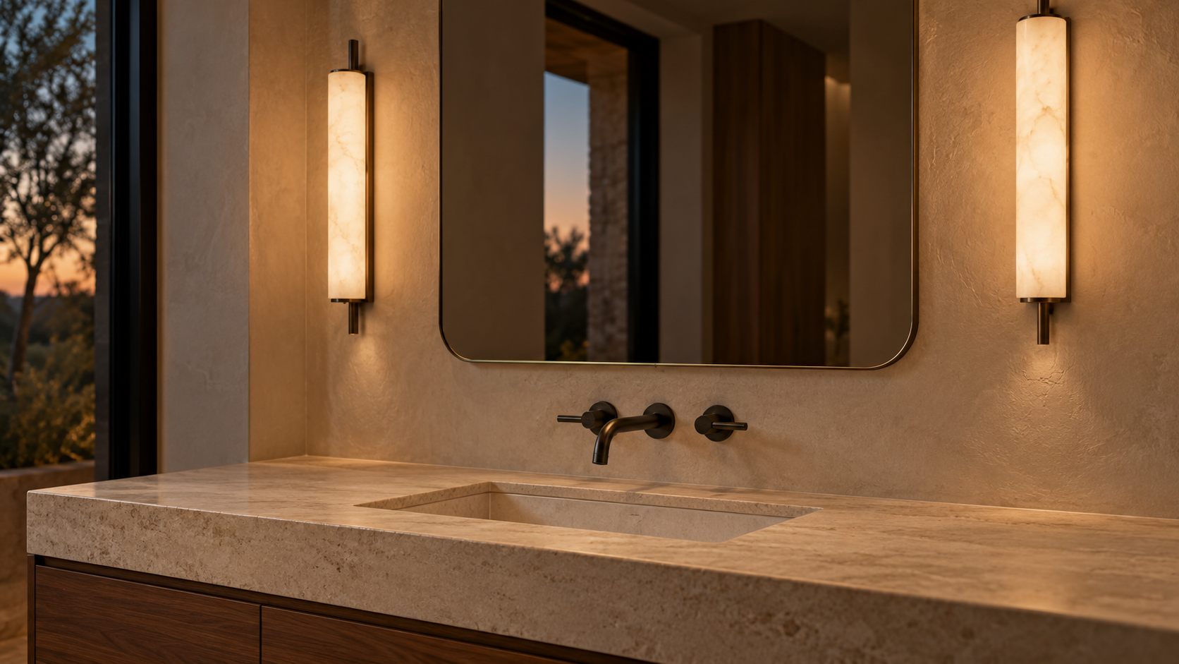 Vanity mirror lit by vertical sconces on both sides at face height