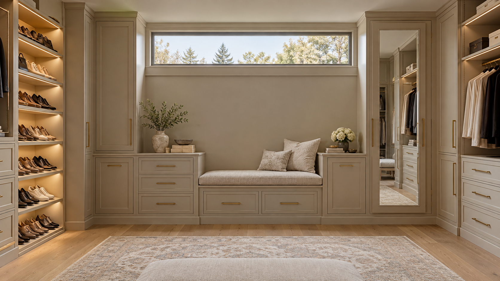 Closet end wall with a high clerestory window above cabinetry and a built-in bench