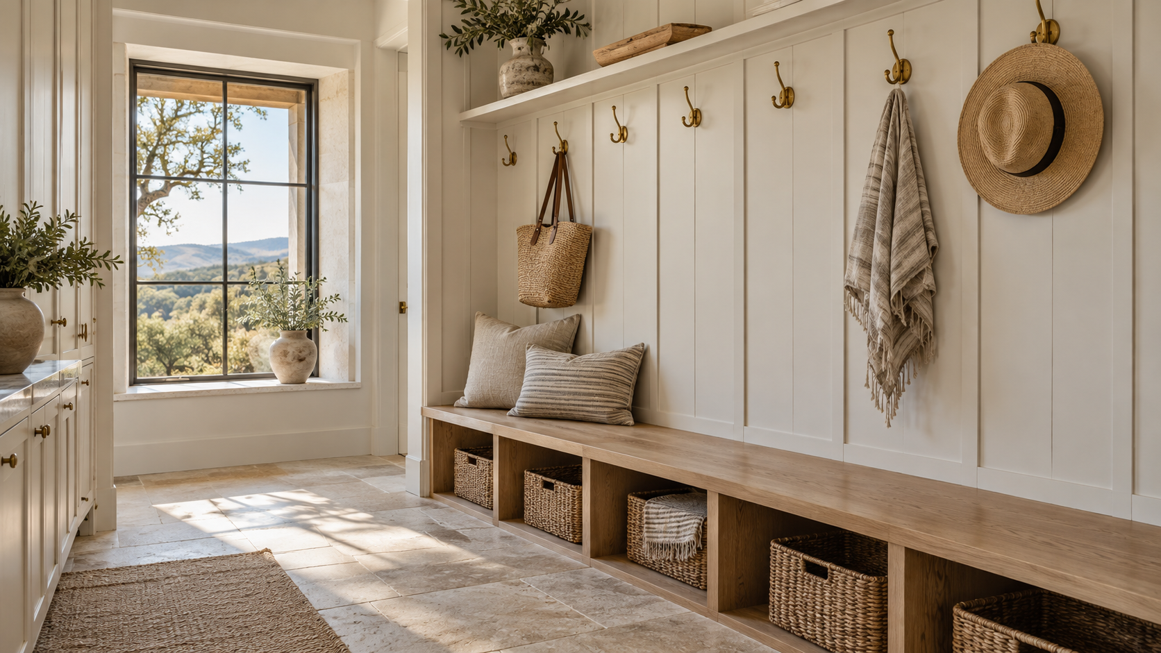 Mudroom with evenly spaced white board and batten walls and a white oak bench