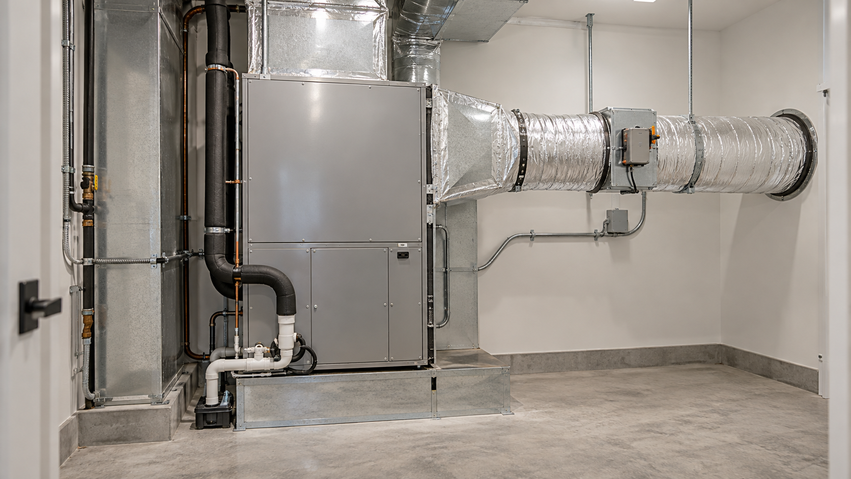 Makeup air duct with motorized damper in a home mechanical closet