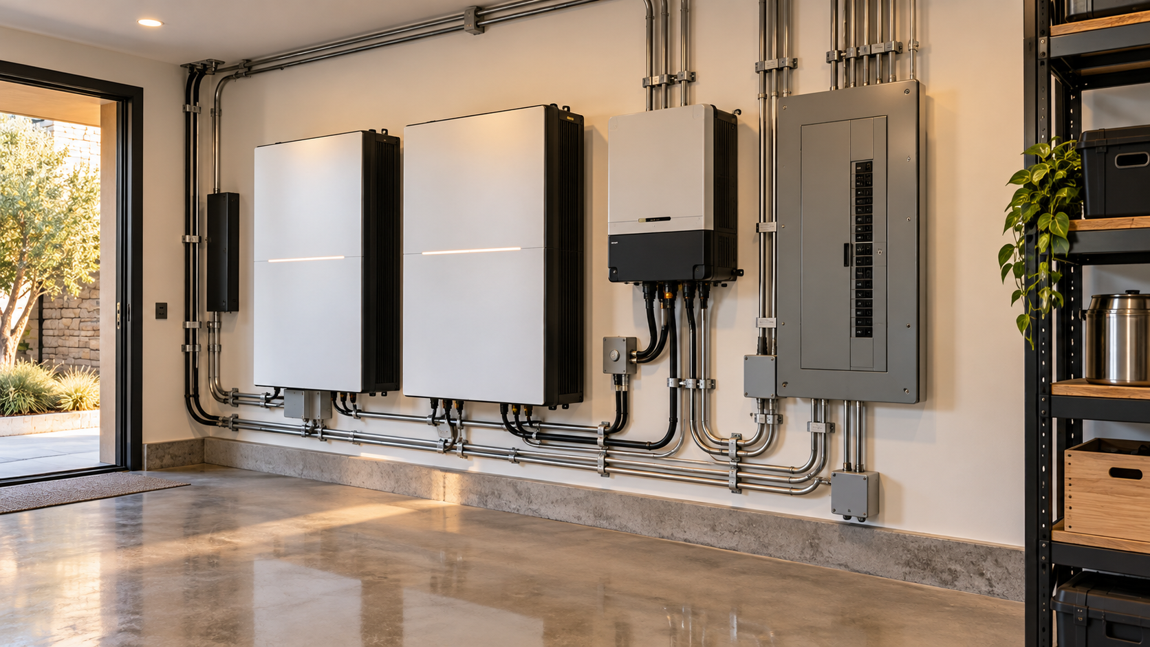 Dedicated utility wall with home battery, inverter, and electrical panel