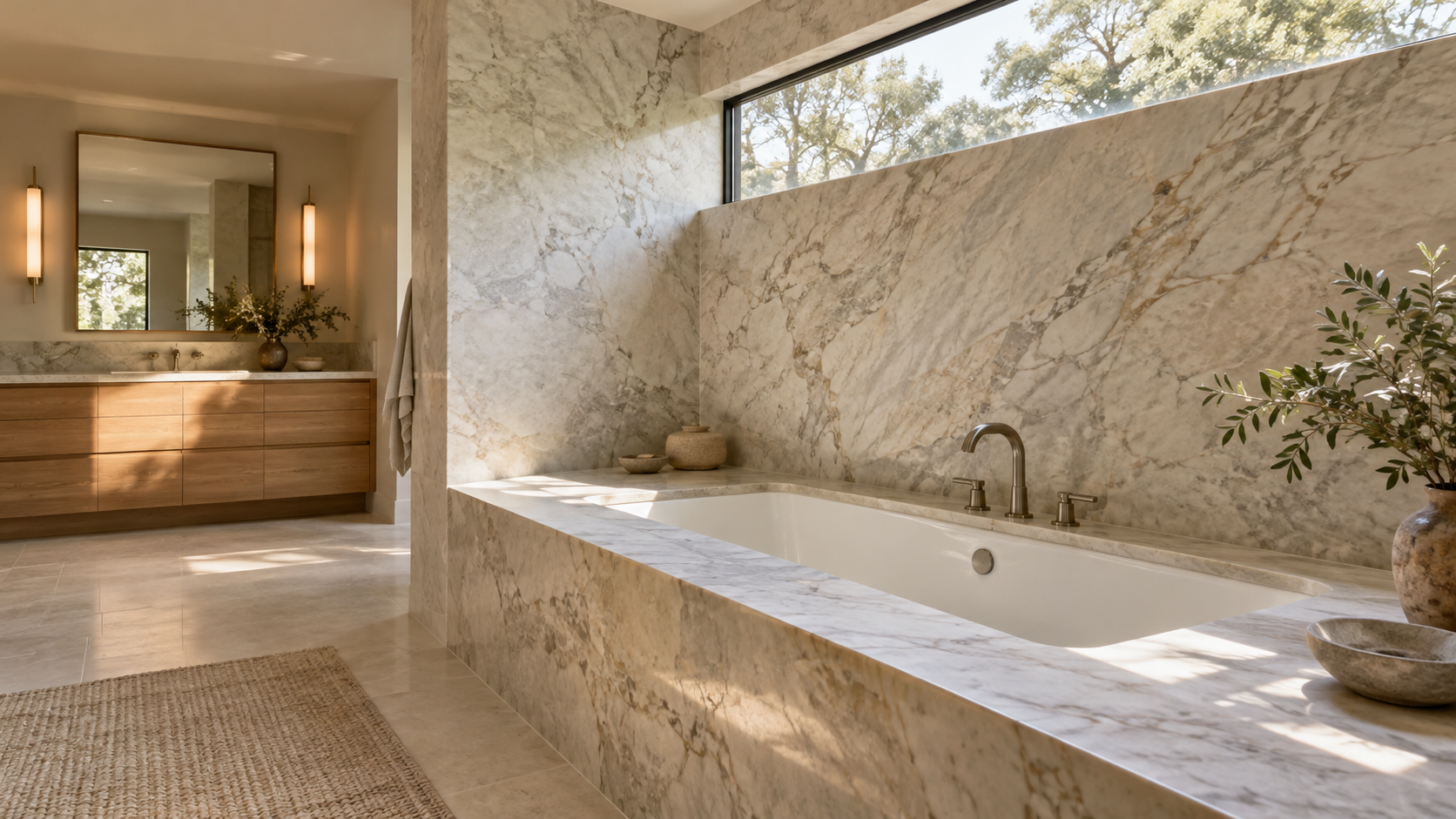 Built-in soaking tub set into a marble deck beneath a window