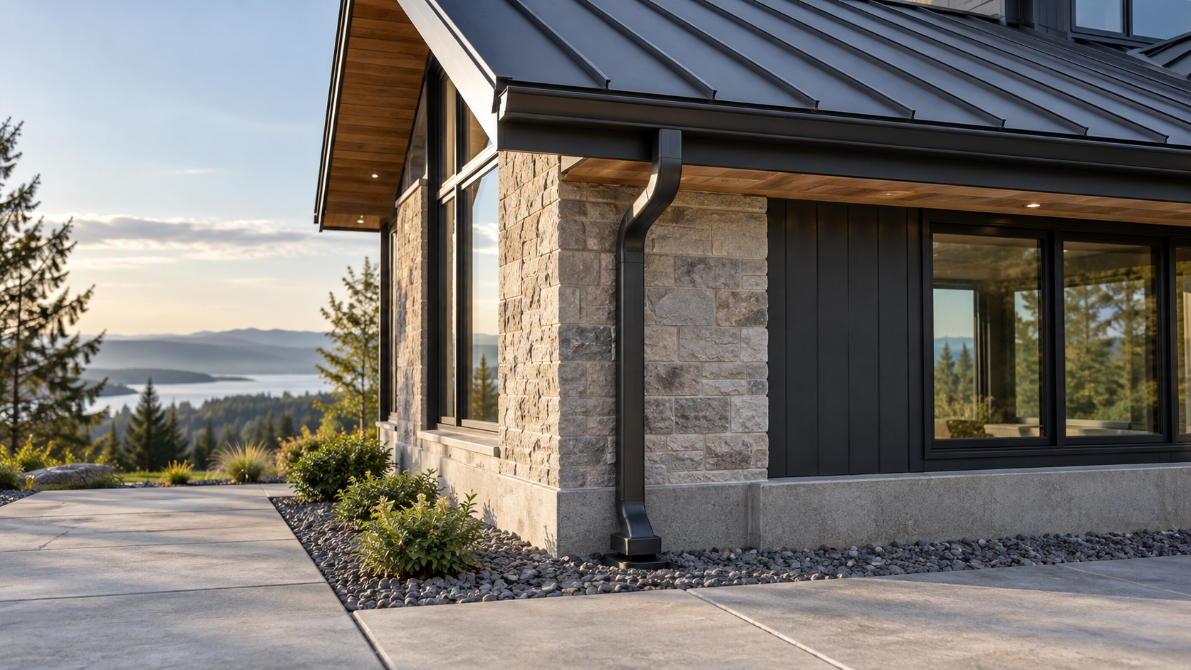 Roof gutter and downspout feeding a buried drain line beside a modern home