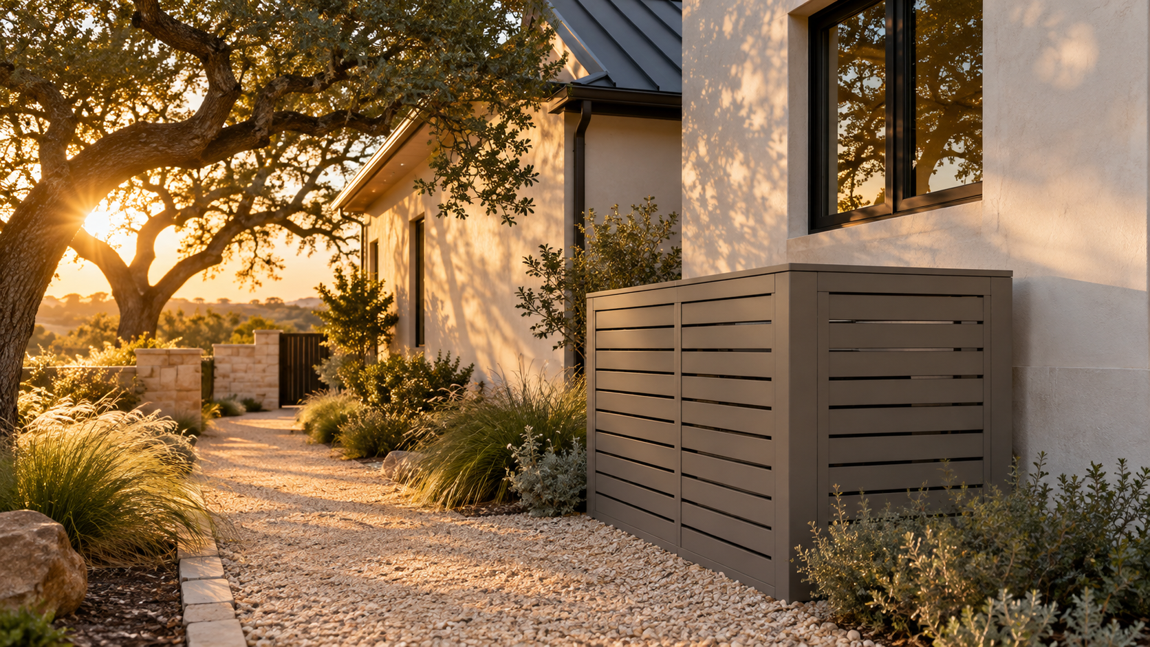 Screened equipment enclosure on the side of a modern custom home