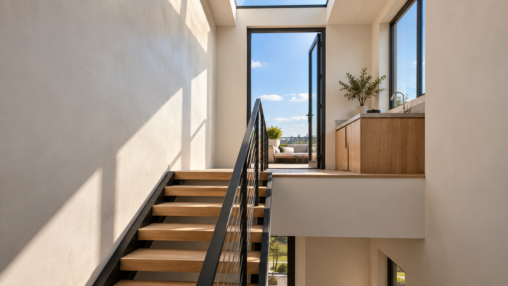 Stair rising into a small rooftop penthouse with a glass door to the deck