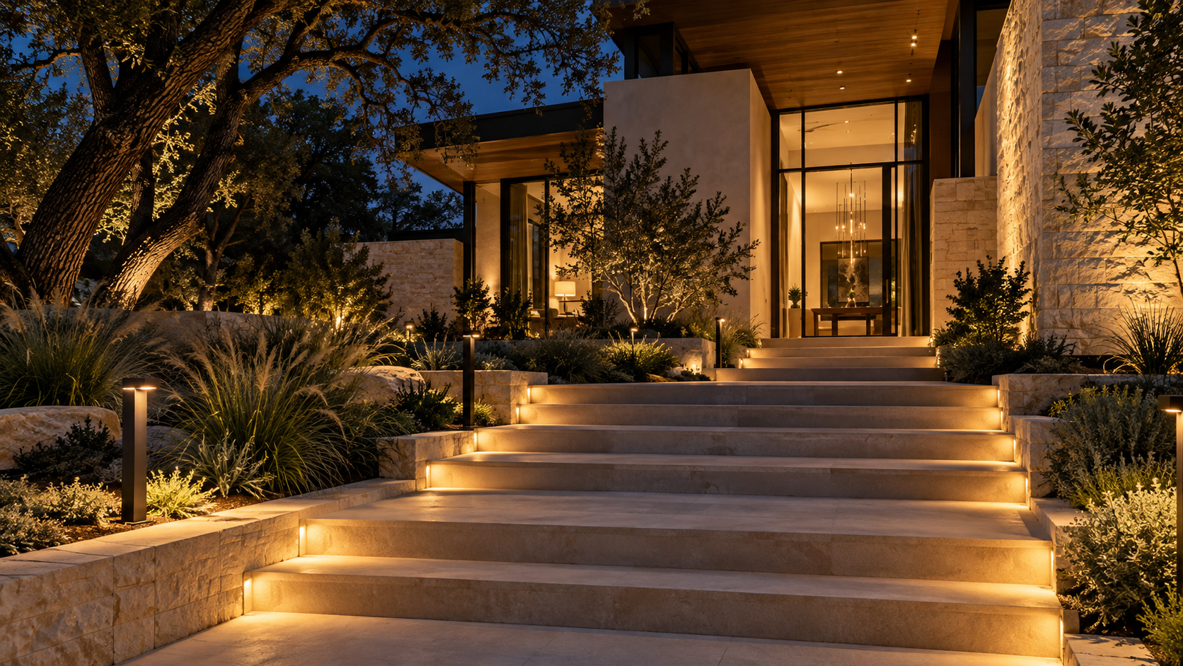 Entry steps at night lit by recessed step lights and low path bollards